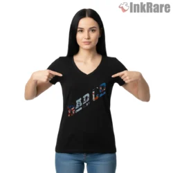 Bad Co Union Jack Diagonal Logo Shirt on black v-neck shirt for women graphic tee