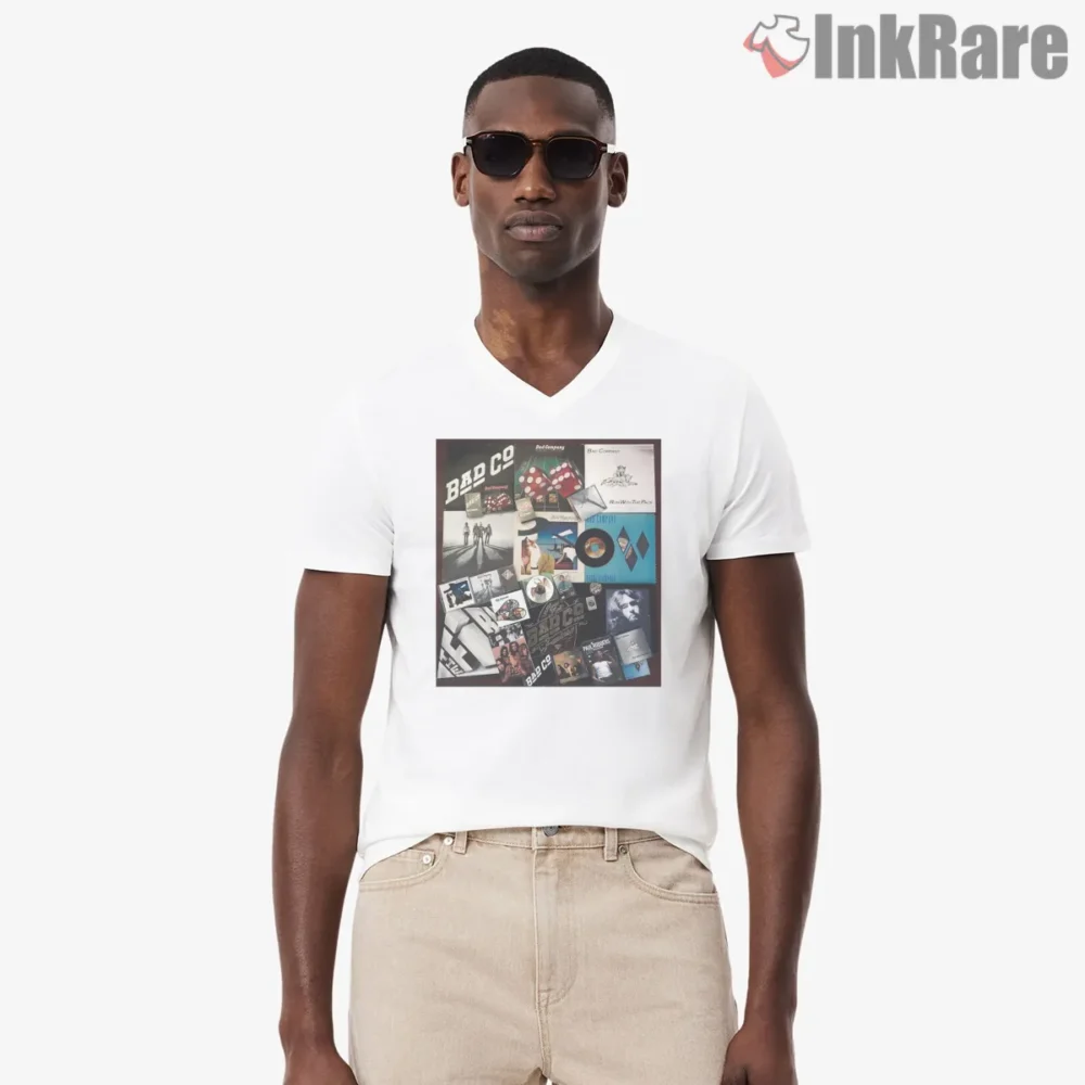Bad Company Album Cover Collage Shirt on white v-neck shirt for men graphic tee
