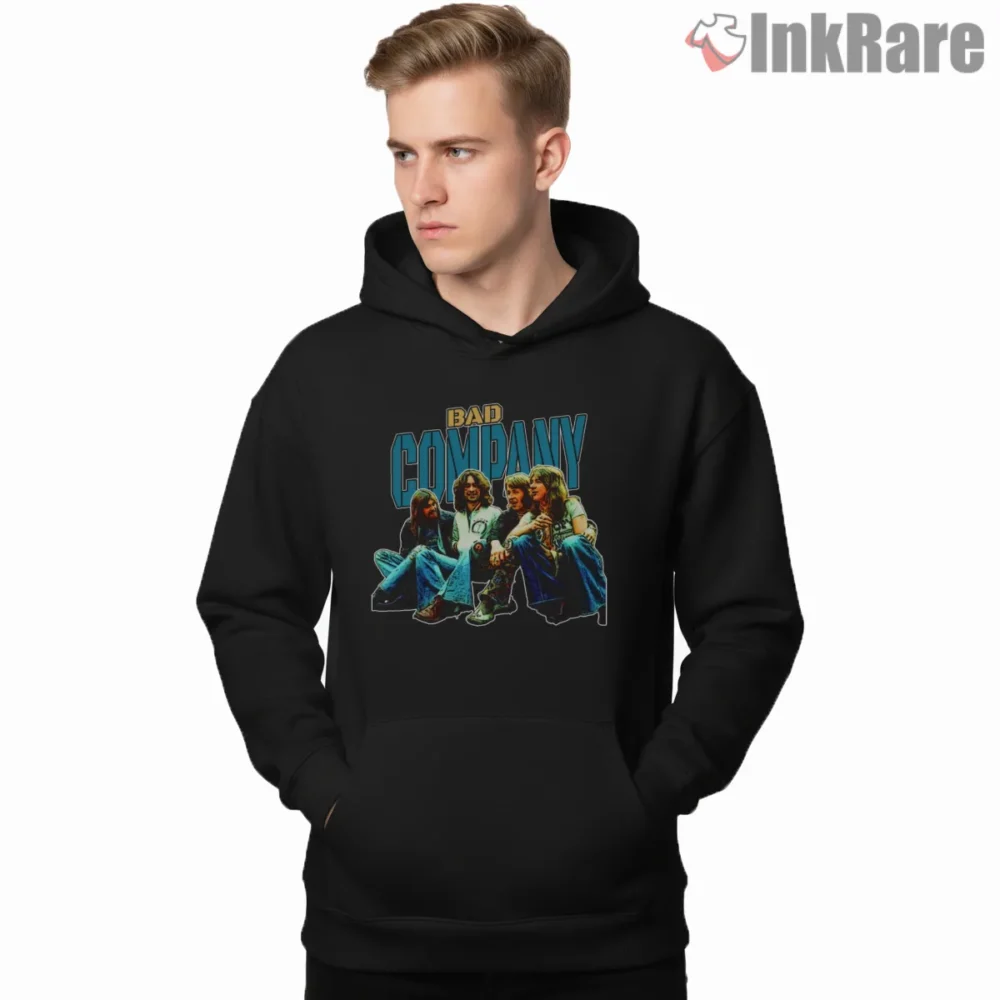 Bad Company Band Photo Blue Logo Shirt on black hoodie for men graphic tee