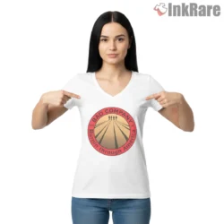Bad Company Burnin Through America Tour Circle Shirt on white v-neck shirt for women graphic tee