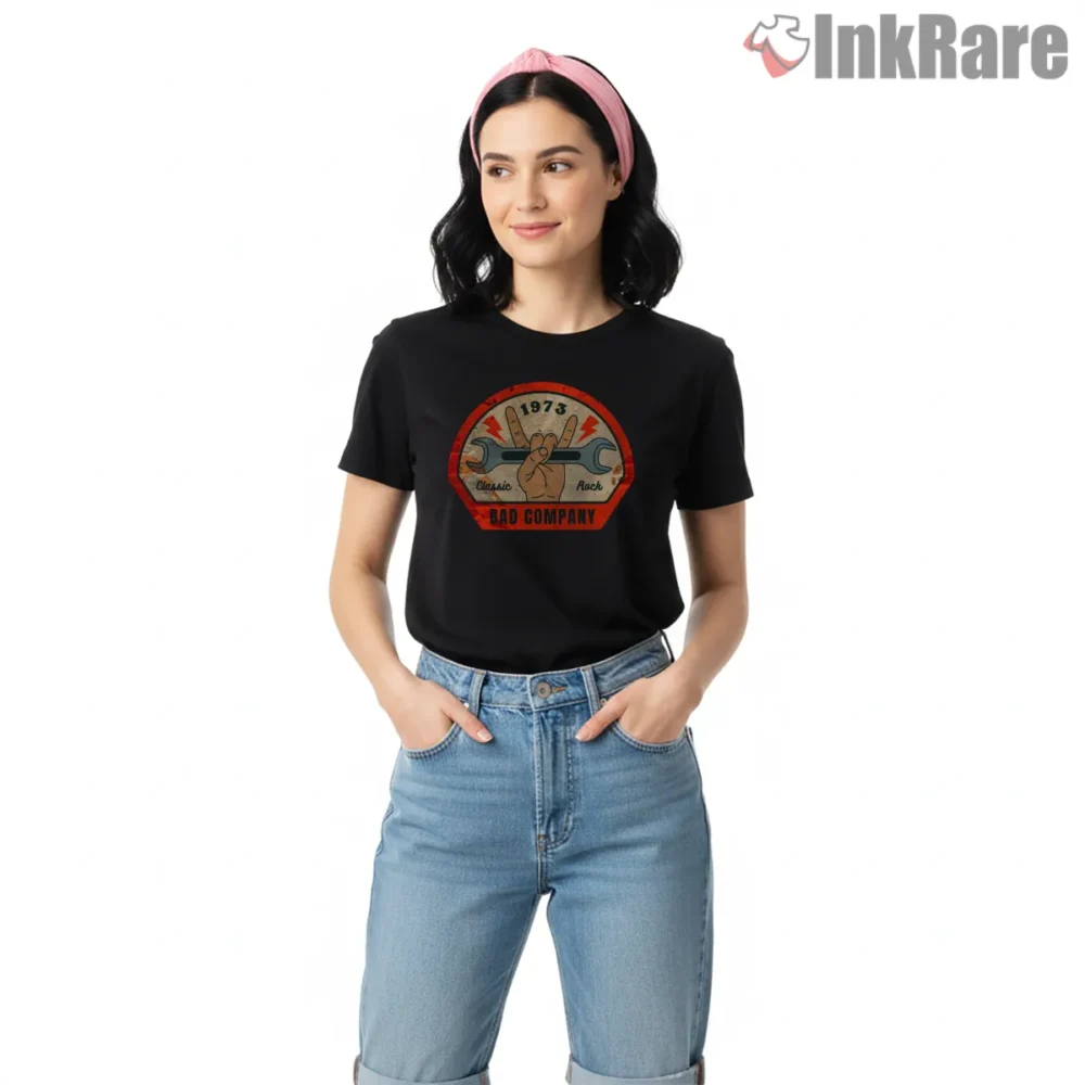 Bad Company Classic Rock Wrench Emblem Shirt on black short sleeve shirt for women graphic tee