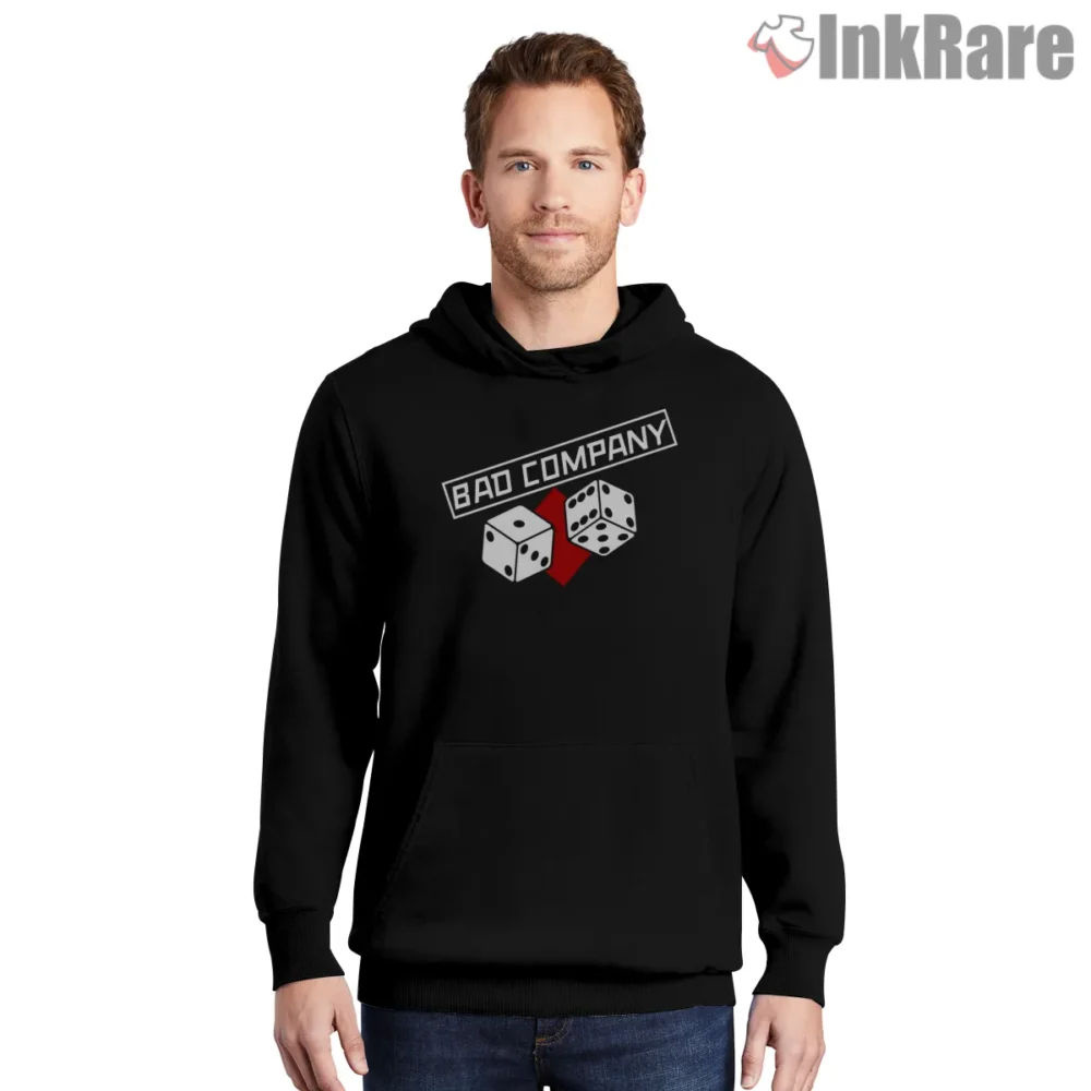 Bad Company Dice Logo Red Accent Shirt on black hoodie for men graphic tee