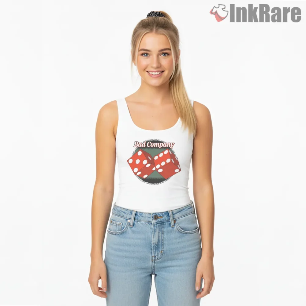 Bad Company Double Dice Straight Shooter Shirt on white tank top for women graphic tee