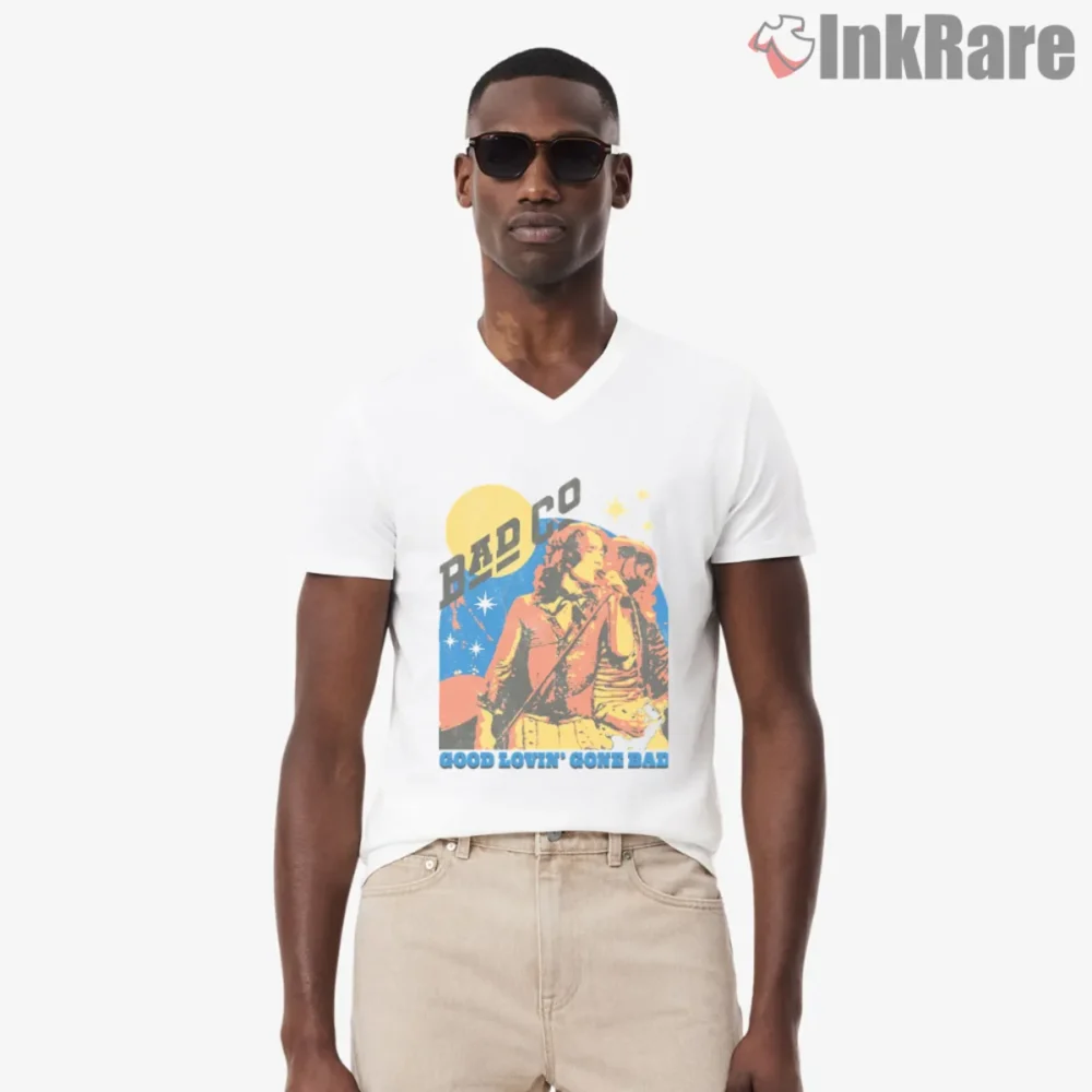 Bad Company Good Lovin Gone Bad Album Shirt on white v neck with vintage gig artwork