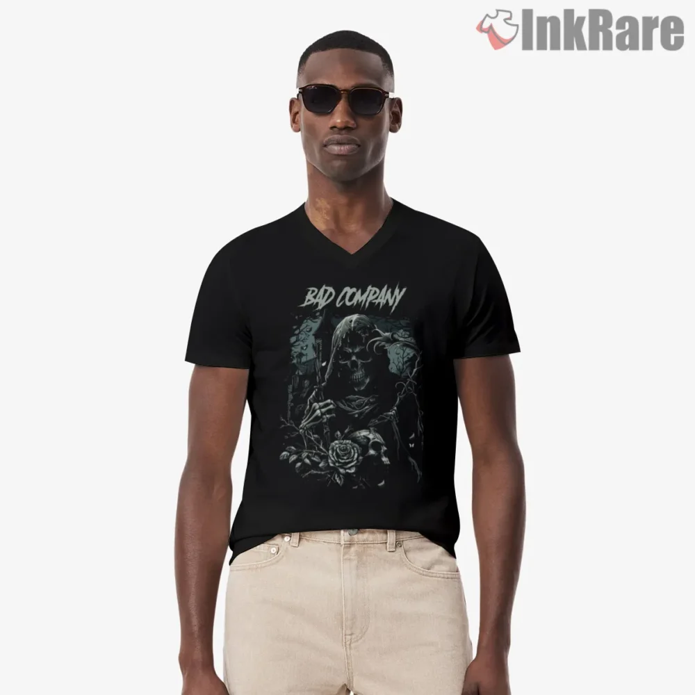 Bad Company Grim Reaper Rose Night Shirt on black v-neck shirt for men graphic tee
