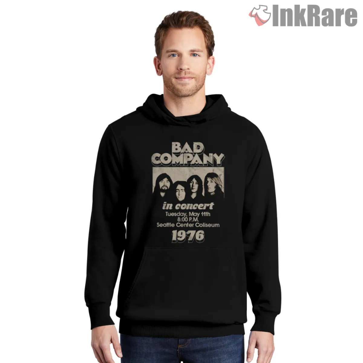Bad Company In Concert Shirt Hoodie Black Black hoodie with Bad Company In Concert 1976 poster style graphic