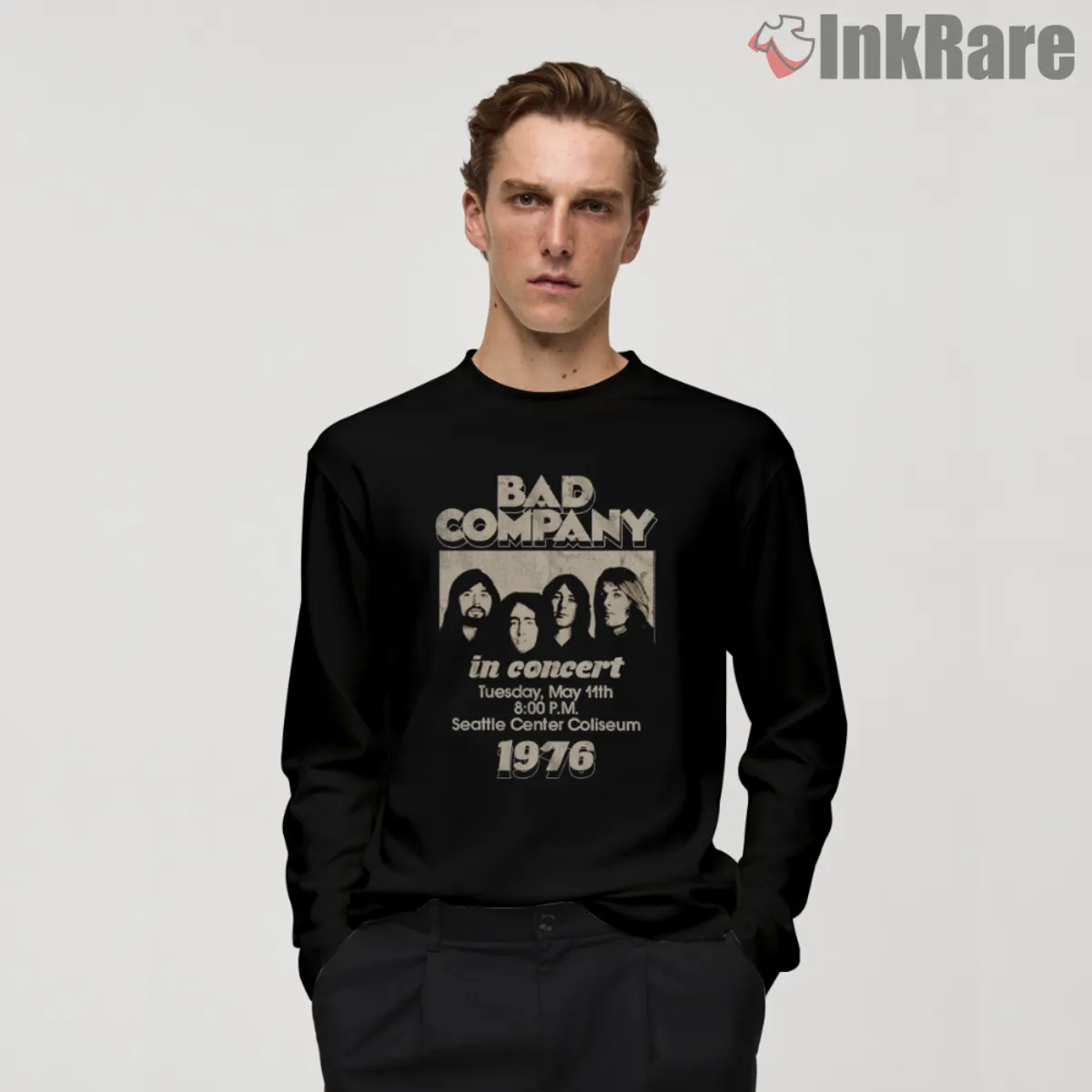Black long sleeve with Bad Company in concert print and 1976 date