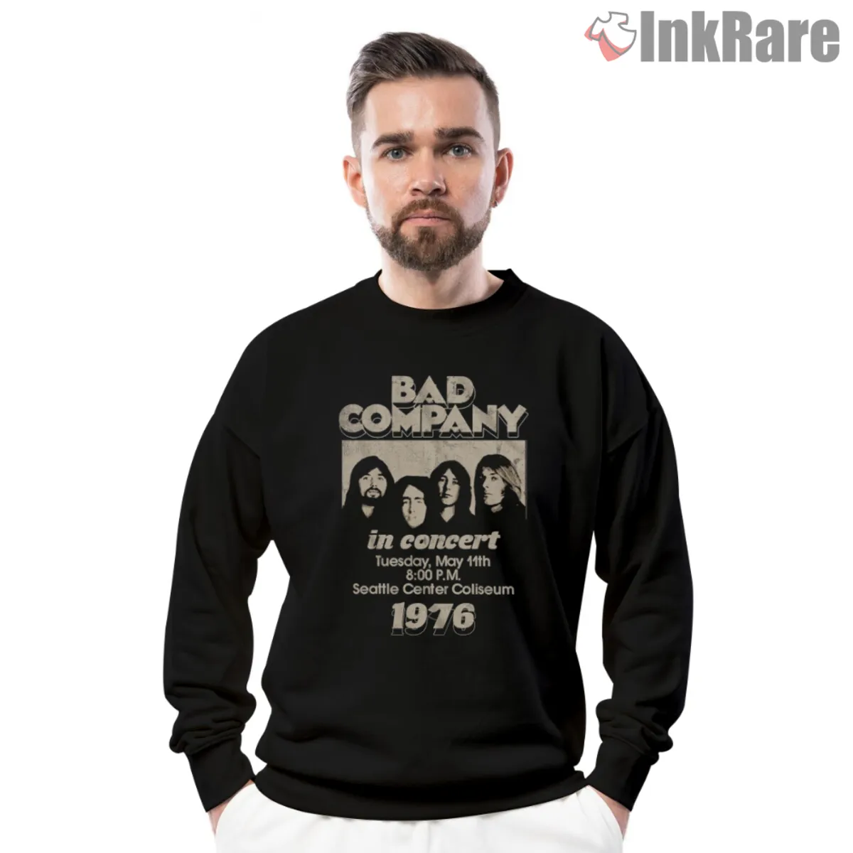 Bad Company In Concert Sweatshirt Black Black crewneck sweatshirt with Bad Company 1976 concert design