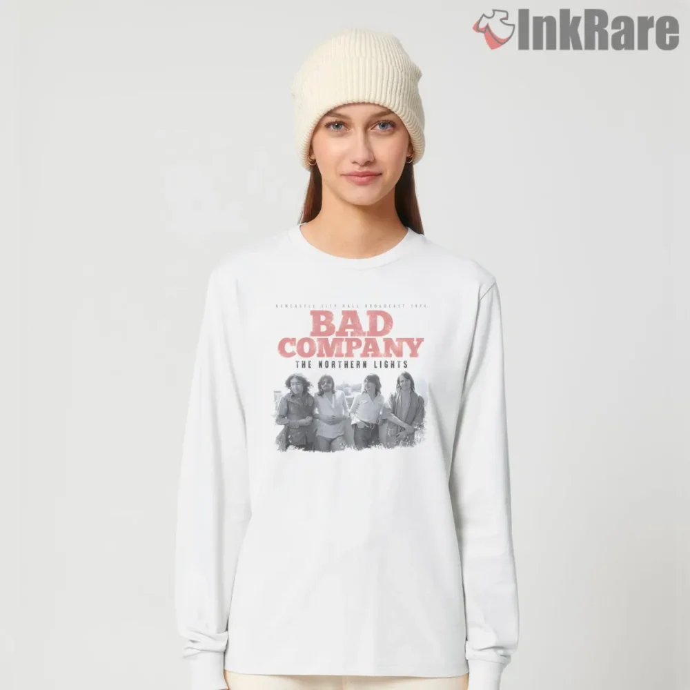 Bad Company Northern Lights Broadcast Shirt on white long sleeve shirt for women graphic tee