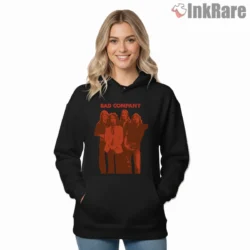 Bad Company Orange Silhouette Trio Shirt on black hoodie for women graphic tee