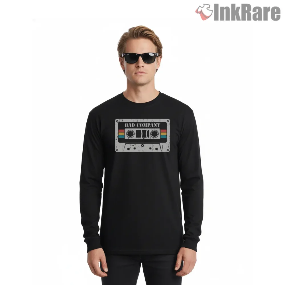 Bad Company Rainbow Stripe Cassette Shirt on black long sleeve shirt for men graphic tee