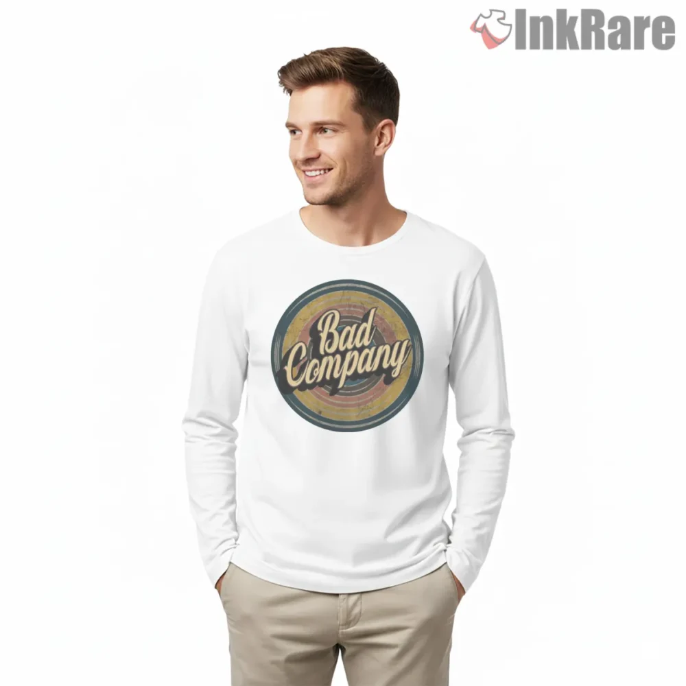 Bad Company Retro Sunset Circle Logo Shirt on white long sleeve shirt for men graphic tee