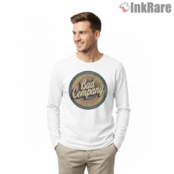Bad Company Retro Sunset Circle Logo Shirt on white long sleeve shirt for men graphic tee