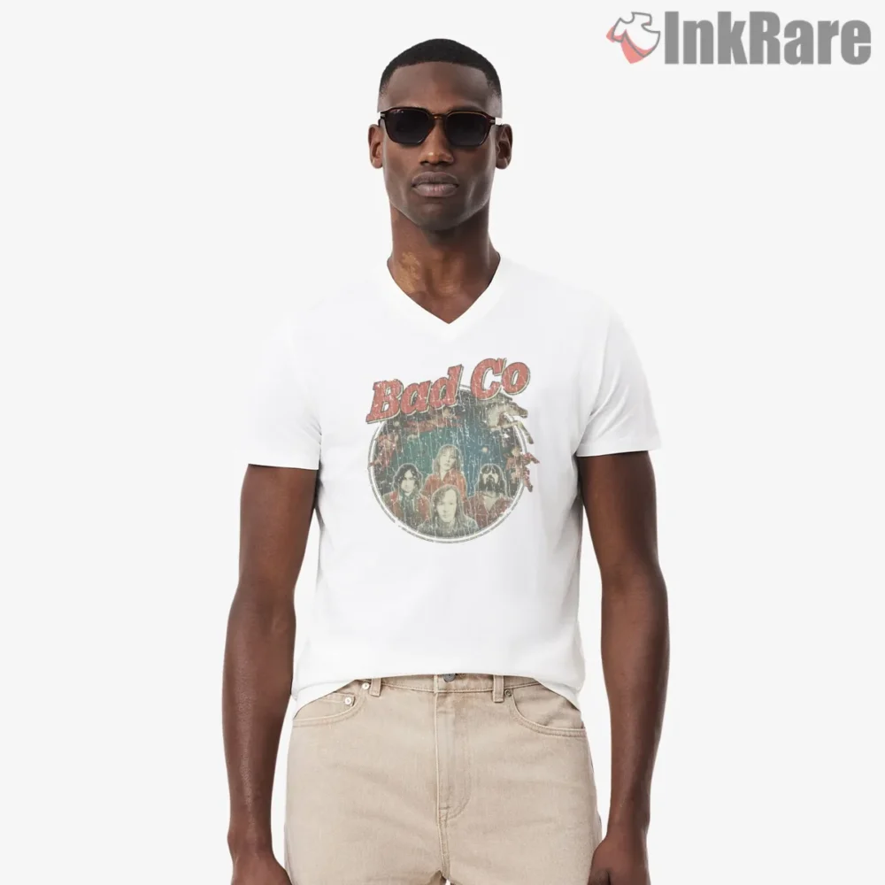 Bad Company Rock And Roll Fantasy 1979 Collage Shirt on white v-neck shirt for men graphic tee