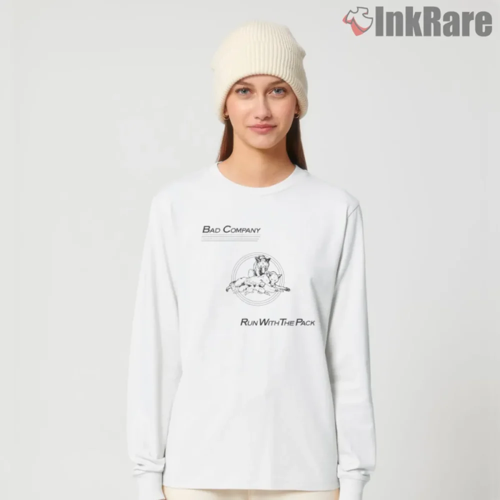 Bad Company Run With The Pack Shirt on white long sleeve with classic wolf emblem