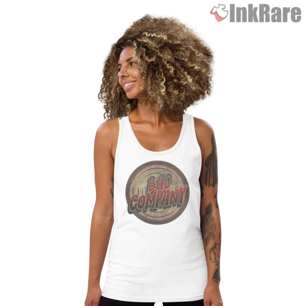 Bad Company Rustic Circle Logo Shirt on white tank top for women graphic tee