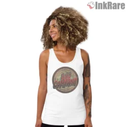Bad Company Rustic Circle Logo Shirt on white tank top for women graphic tee