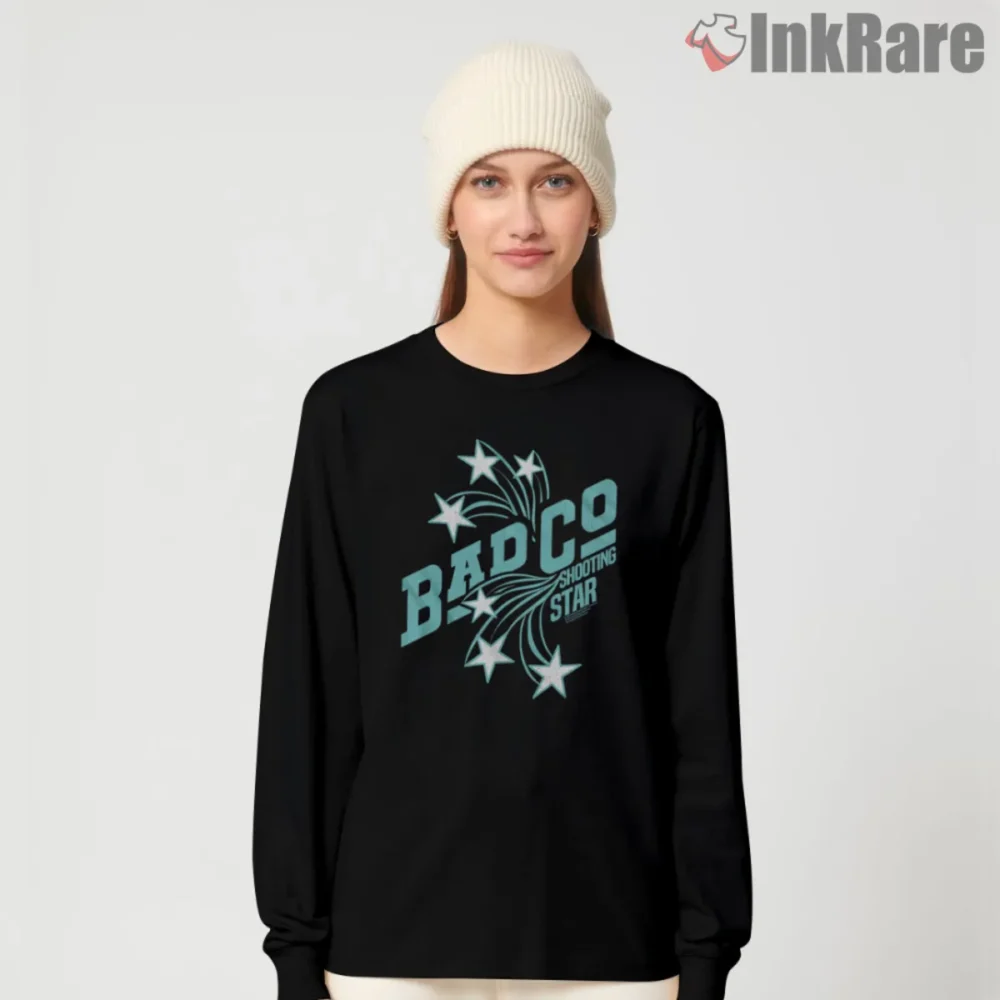 Bad Company Shooting Star Shirt on black long sleeve with aqua star trail graphic