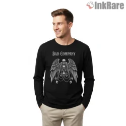 Bad Company Skull Wings Chain Emblem Shirt on black long sleeve shirt for men graphic tee