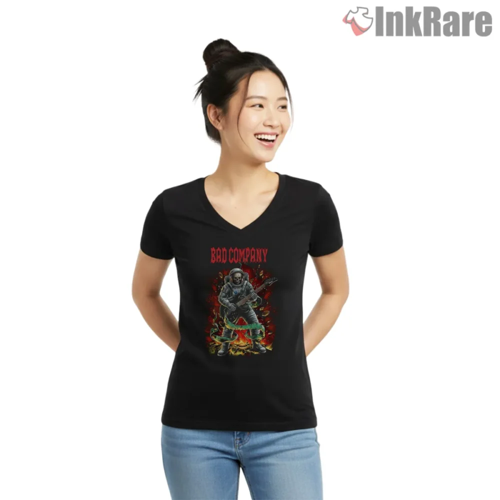 Bad Company Space Skeleton Guitarist Shirt on black v-neck shirt for women graphic tee
