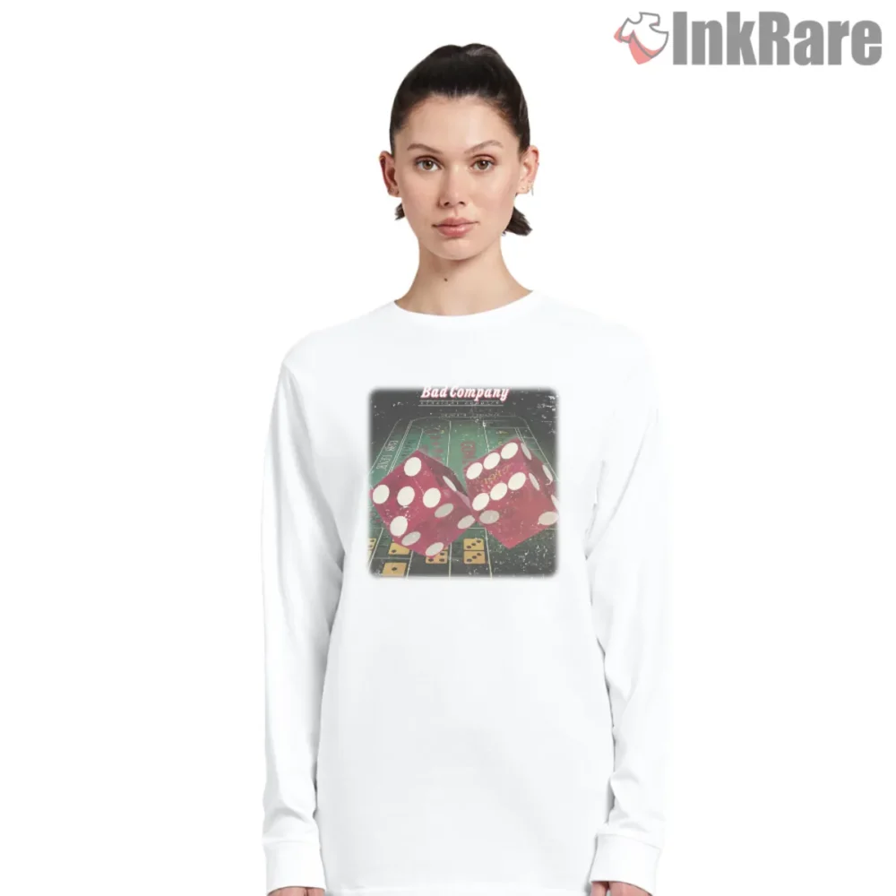 Bad Company Straight Shooter Shirt on white long sleeve with red dice graphic