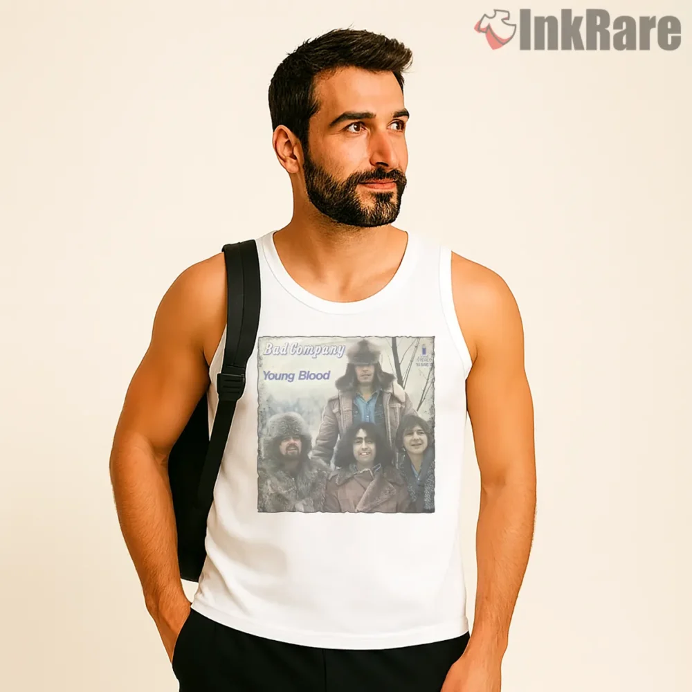 Bad Company Young Blood Album Cover Shirt on white tank top for men graphic tee