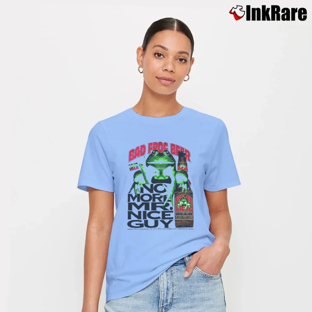 Women’s Bad Frog Beer Graphic Humor Signature T-Shirt in light blue | Soft, Flattering Fit