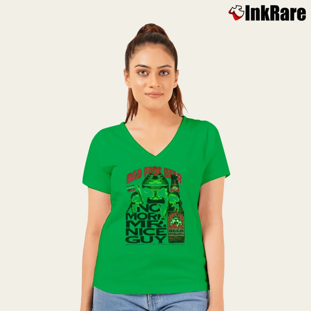 Women’s Bad Frog Beer Graphic Humor V-Neck Tee in irish green | Chic Neckline, Soft Texture