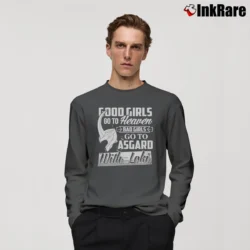 Men’s Bad Girls Go To Asgard With Loki Quote Long-Sleeve Shirt in charcoal | Sleek, Lightweight, Year-Round Wear