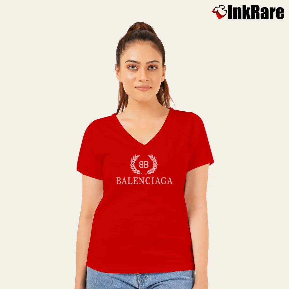Women’s Balenciaga Logo Red Fashion V-Neck Tee in red | Chic Neckline, Soft Texture