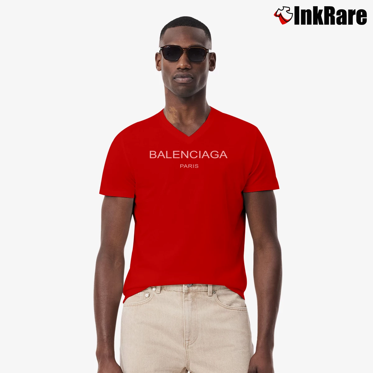 Men’s Balenciaga Paris Gucci Fashion V-Neck Tee in red | Sharp, Breathable, Everyday Staple