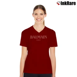 Women’s Balmain Fashion Designer Logo V-Neck Tee in maroon | Chic Neckline, Soft Texture