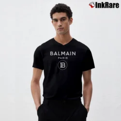 Men’s Balmain Paris Logo Designer Fashion V-Neck Tee in black | Sharp, Breathable, Everyday Staple