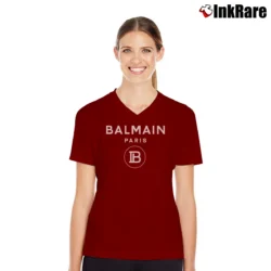 Women’s Balmain Paris Logo Designer Fashion V-Neck Tee in maroon | Chic Neckline, Soft Texture