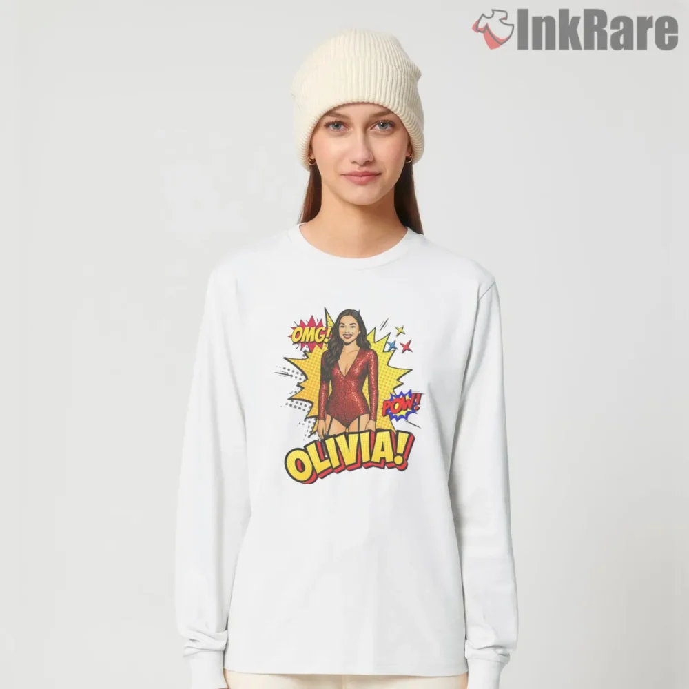 Bam Whoa Olivia Rodrigo Pop Art Superhero Shirt on white long sleeve shirt for women graphic tee