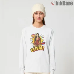 Bam Whoa Olivia Rodrigo Pop Art Superhero Shirt on white long sleeve shirt for women graphic tee