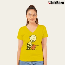 Women’s Banksy Charlie Brown Pyromaniac Snoopy V-Neck Tee in yellow | Chic Neckline, Soft Texture