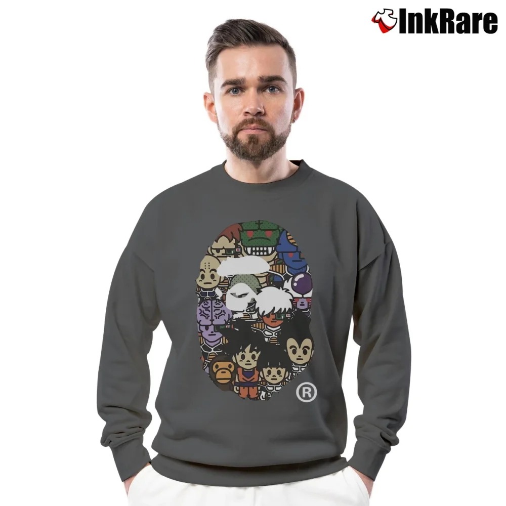 Men’s Bape Dragon Ball Z Milo Big Head Streetwear Crewneck Sweatshirt in charcoal | Cozy Fabric, Clean Style