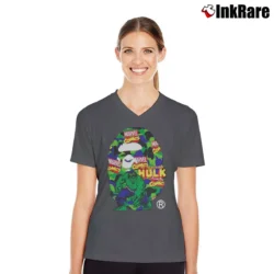 Women’s Bape Marvel Camo Hulk V-Neck Tee in charcoal | Chic Neckline, Soft Texture