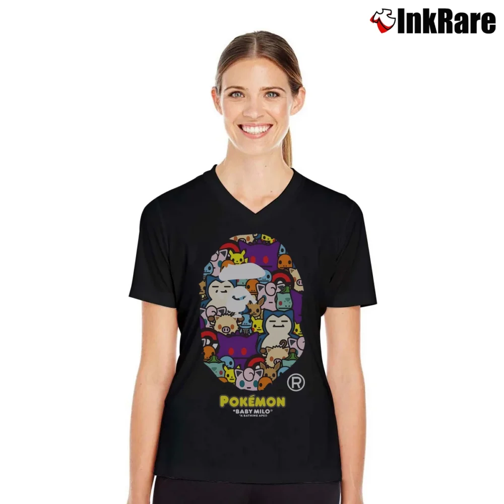 Women’s BAPE Pokemon Head Logo Gift V-Neck Tee in black | Chic Neckline, Soft Texture