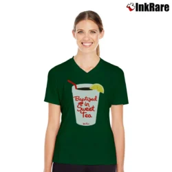 Women’s Baptized In Sweet Tea John Crist V-Neck Tee in forest green | Chic Neckline, Soft Texture
