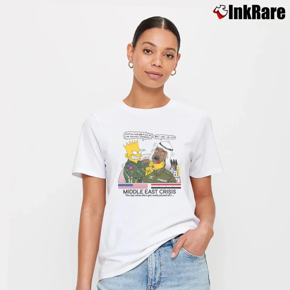 Women’s Bart Middle East Crisis Bootleg Simpsons Saddam Hussein 1991 Signature T-Shirt in white | Soft, Flattering Fit