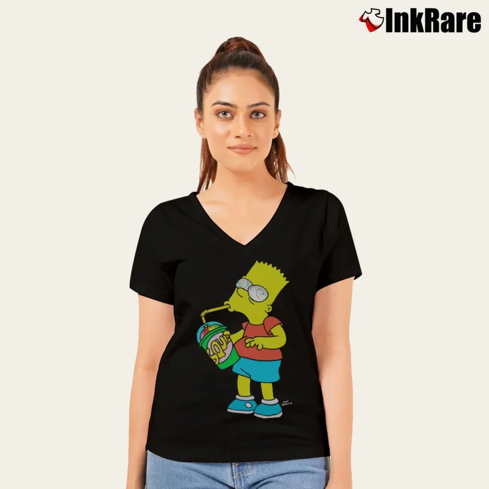 Women’s Bart Simpson Squishee Brain Freeze Simpsons Family V-Neck Tee in black | Chic Neckline, Soft Texture