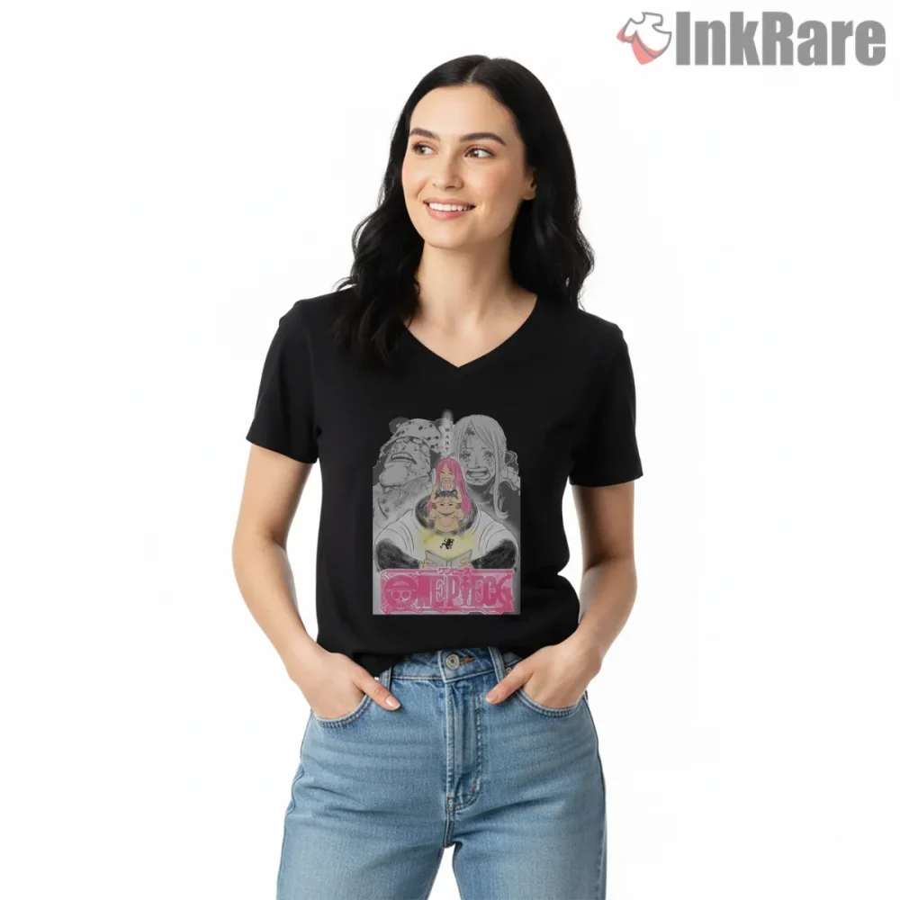 Bartholomew Kuma And Jewelry Bonney Legacy Anime Shirt on black v-neck shirt for women graphic tee