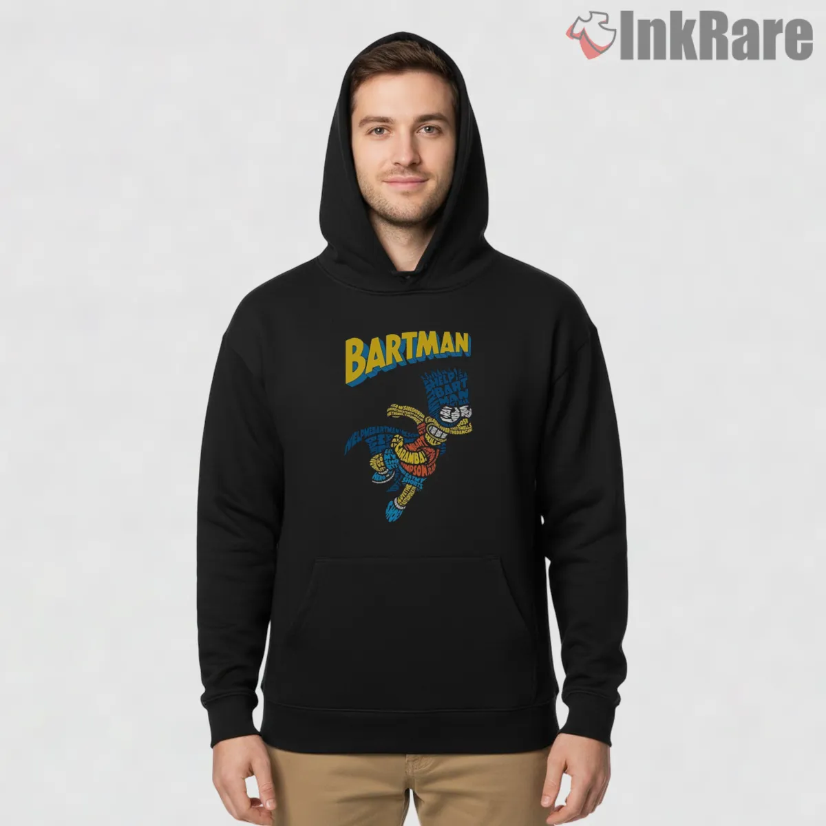Bartman Typographic Hero Comic Lettering Cartoon Shirt on black hoodie for men graphic tee