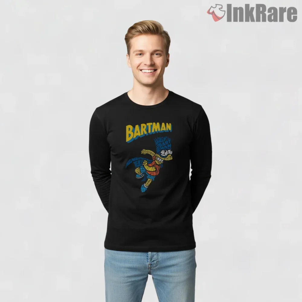 Bartman Typographic Hero Comic Lettering Cartoon Shirt on black long sleeve shirt for men graphic tee