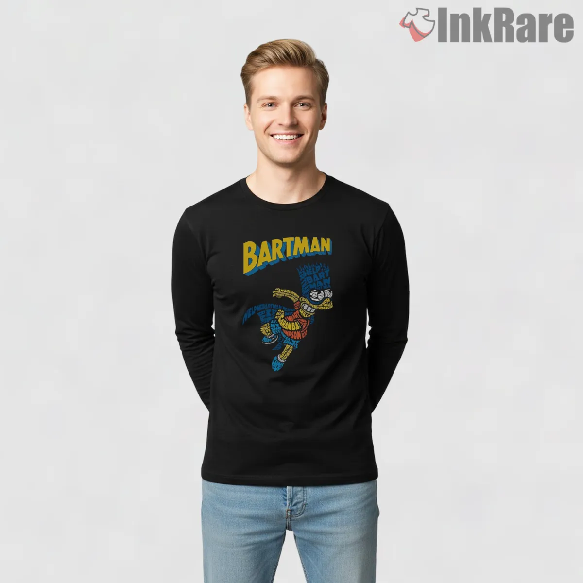 Bartman Typographic Hero Comic Lettering Cartoon Long Sleeve Black Bartman Typographic Hero Comic Lettering Cartoon Shirt on black long sleeve shirt for men graphic tee