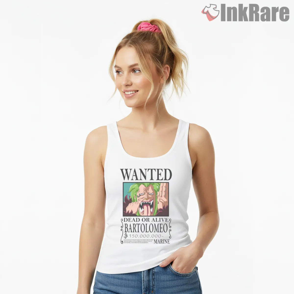 Bartolomeo Wanted Poster Pirate Anime Shirt on white tank top for women graphic tee