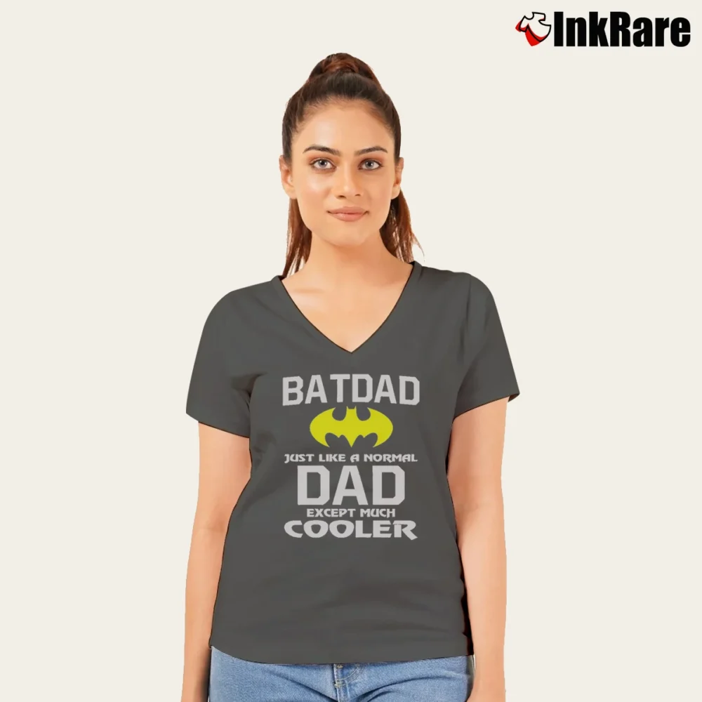 Women’s Bat Dad Batman Inspired Funny Father's Day V-Neck Tee in charcoal | Chic Neckline, Soft Texture