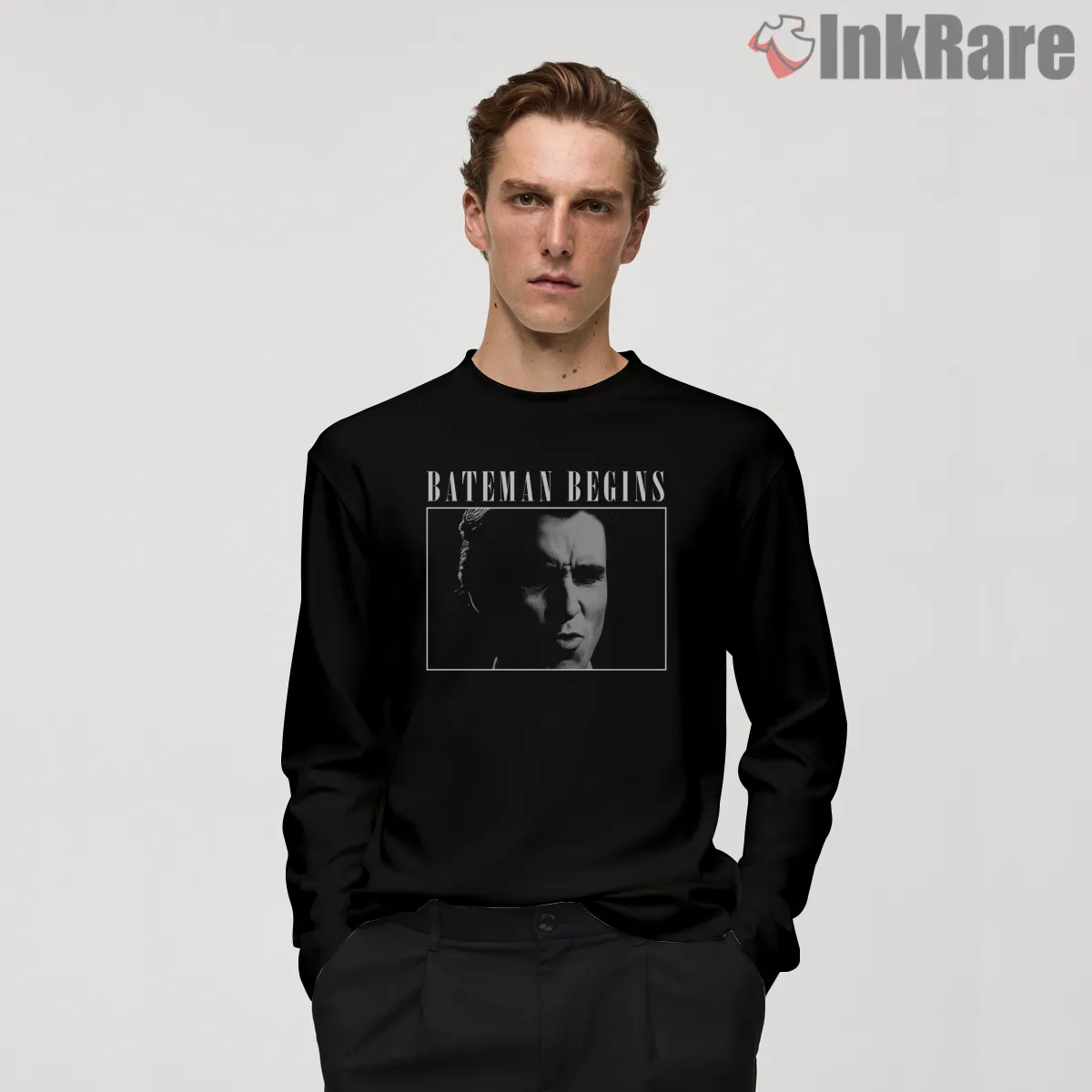 Bateman Begins Noir Close Up Portrait Shirt on black long sleeve shirt for men graphic tee